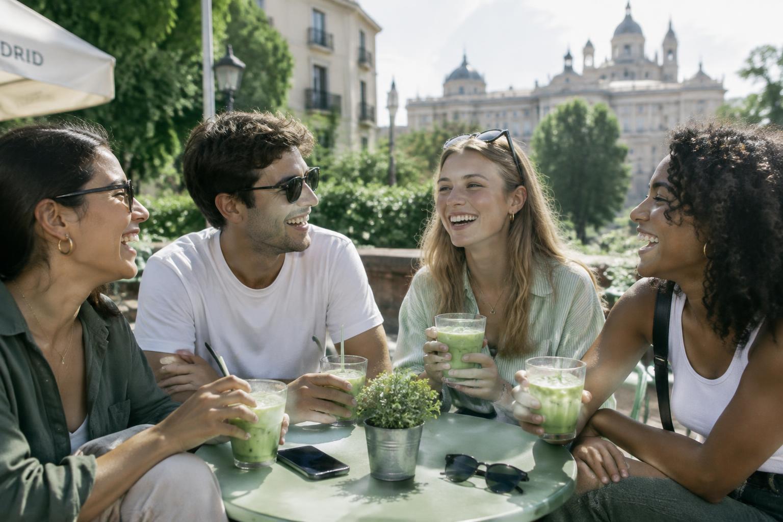 Amigos riendo con matcha en una terraza de Madrid